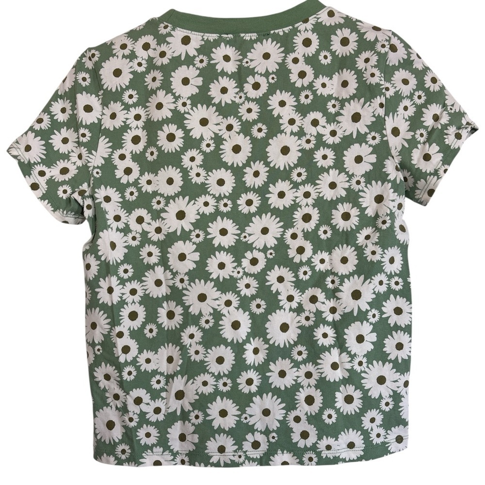 Forever 21 Green Daisy Print Short Sleeve Cropped Tee - White Flower Pattern - Picture 2 of 5